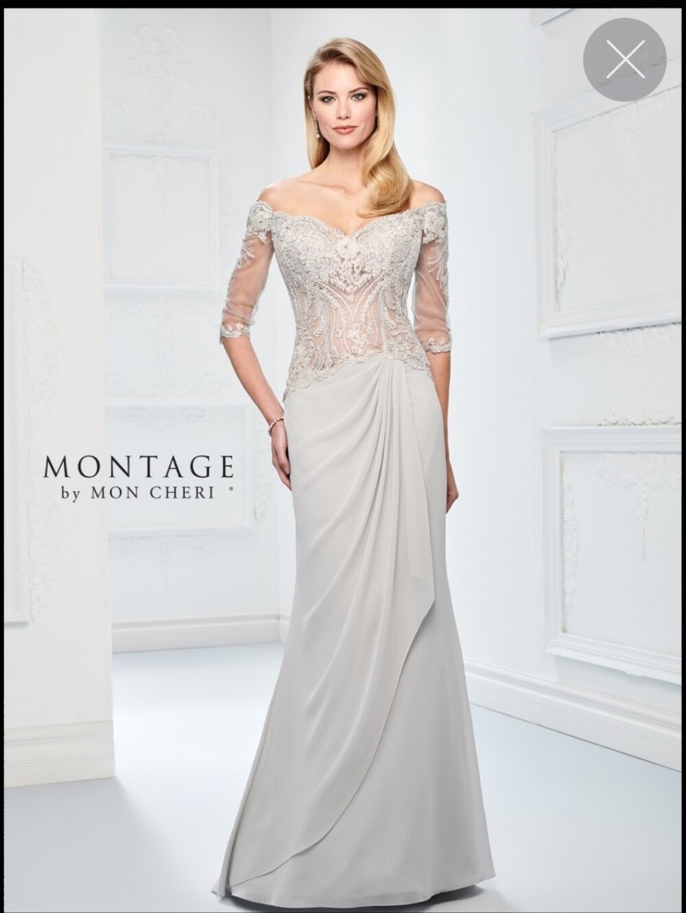 Montage by Mon Cheri Silver Off-Shoulder Beaded Evening Gown
